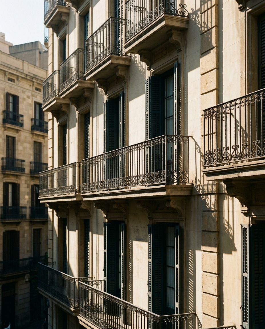 Eixample balconies in hard afternoon light, Barcelona