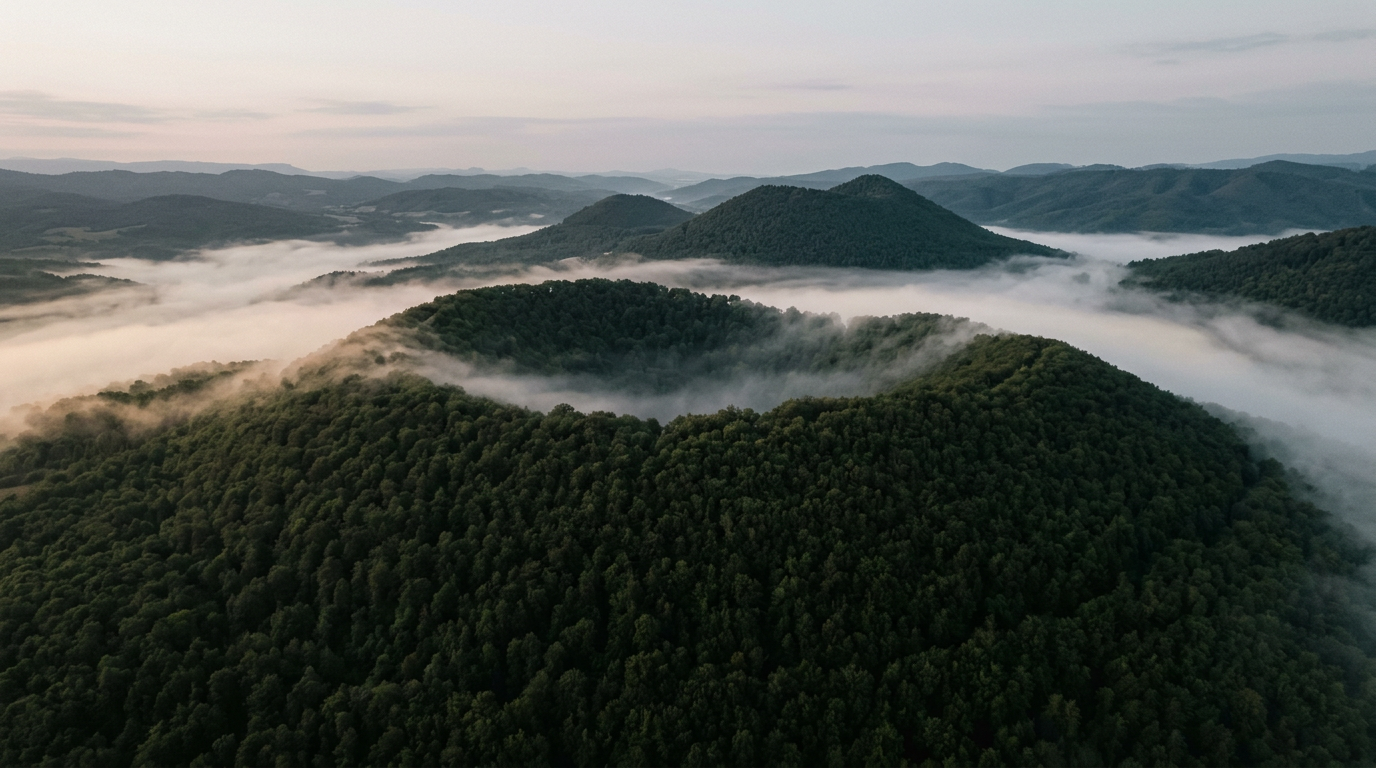 Volcanic craters covered in beech forest above the fog, La Garrotxa